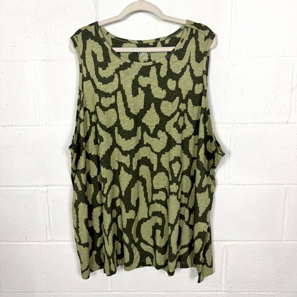 Denim & Co Tank Top Linen Blend Green Whimsical Print Summer Beach Layers SZ 4X